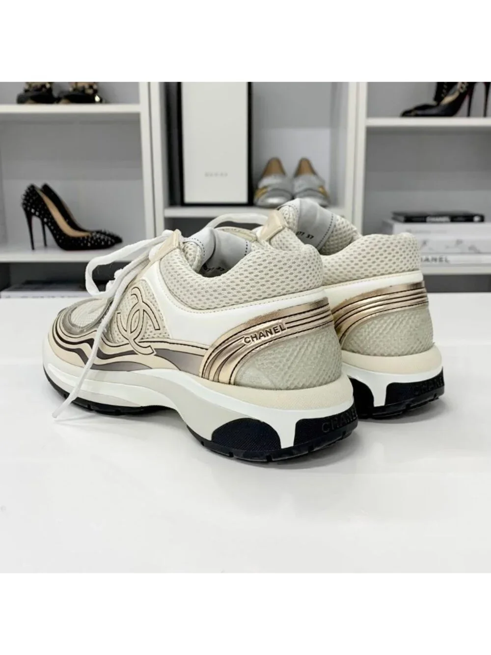 Chanel CC Logo Mesh Leather Sneakers Beige